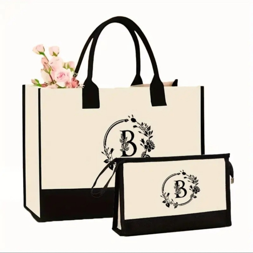 Canvas Tote Bags with Letter Print, 2-Piece Set, Casual Style, Open Top, Fixed